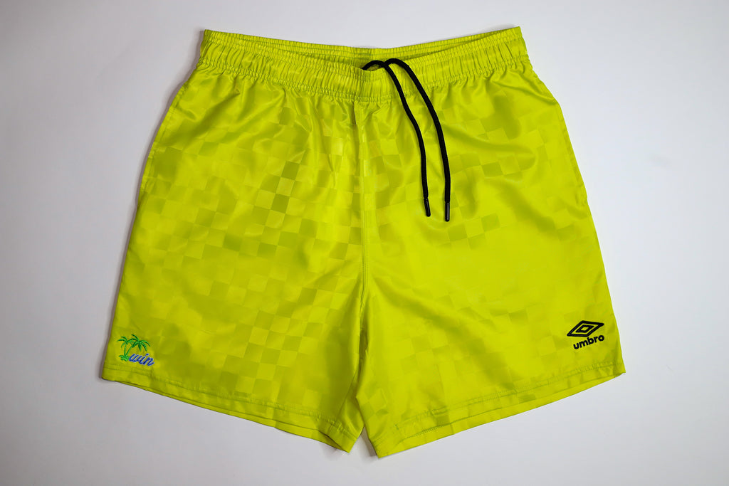 Winbros - Checkerboard "Palm Tree" Umbro Shorts - Electric Yellow/Sky Blue