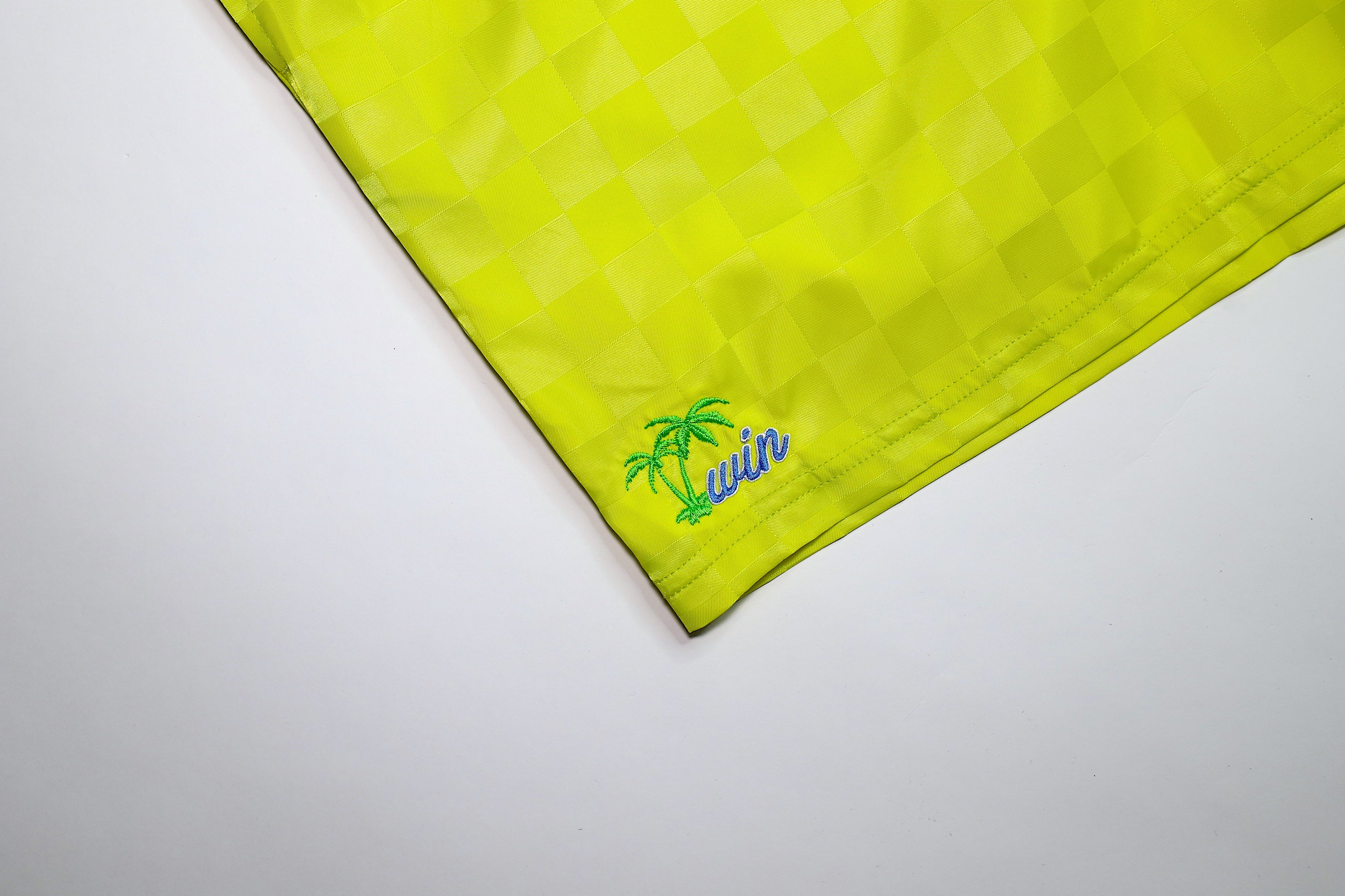 Winbros - Checkerboard "Palm Tree" Umbro Shorts - Electric Yellow/Sky Blue